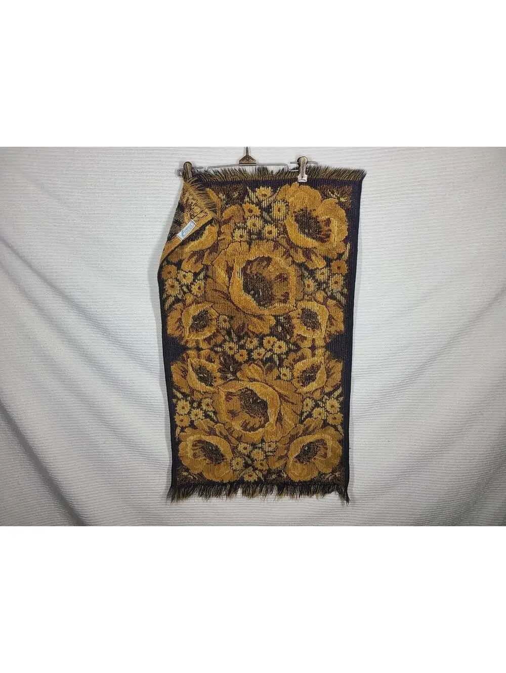 Vtg 70s Fieldcrest Poppies Bath Towel Black Gold 100% Cotton Bathmat Retro Rare